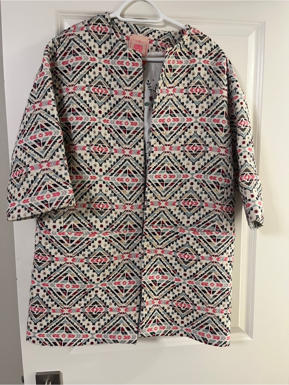 Vilagallo Cream Geo-Print Cocoon Coat with Pink & Black Accents